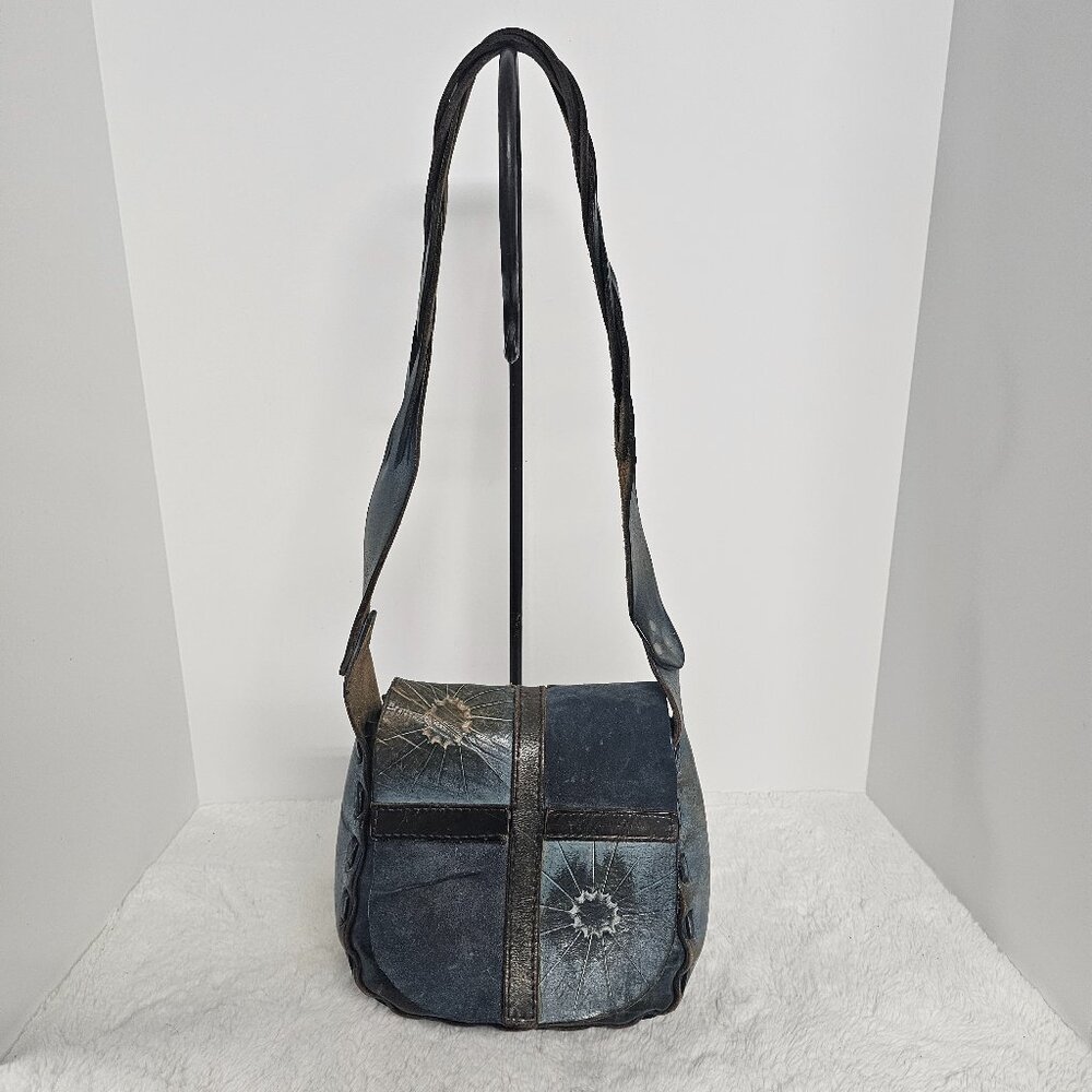 Vintage Blue Leather Shoulder Bag Hippie Boho Festival Retro